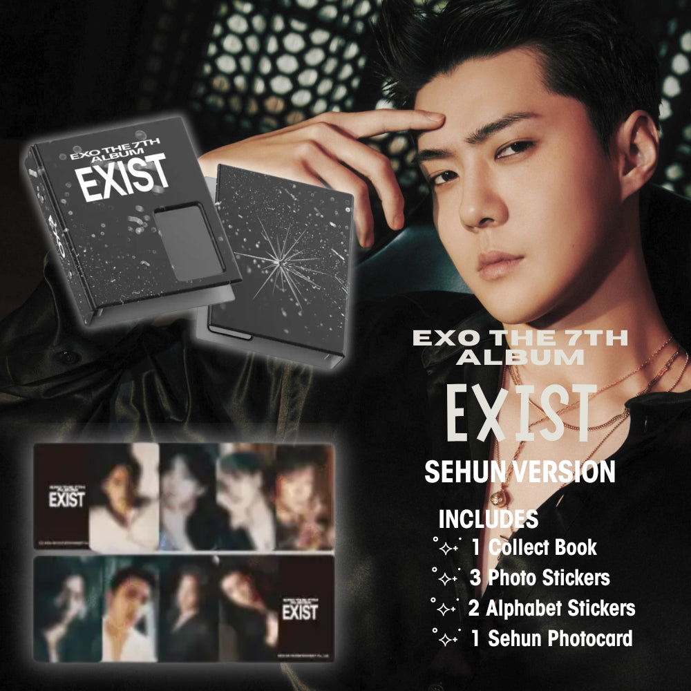 Promotional image of EXO The 7th Album 'EXIST' featuring Sehun with product packaging and album details.