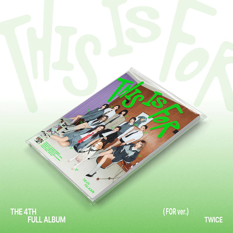 Album cover for TWICE's 4th full album 'This is For' on a light green background