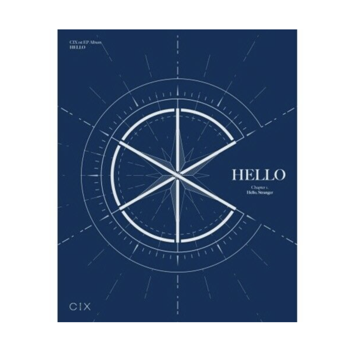 CD album cover for CIX 2nd EP album titled 'HELLO Chapter 2. Hello, Strange Place' featuring a geometric design in blue and red.