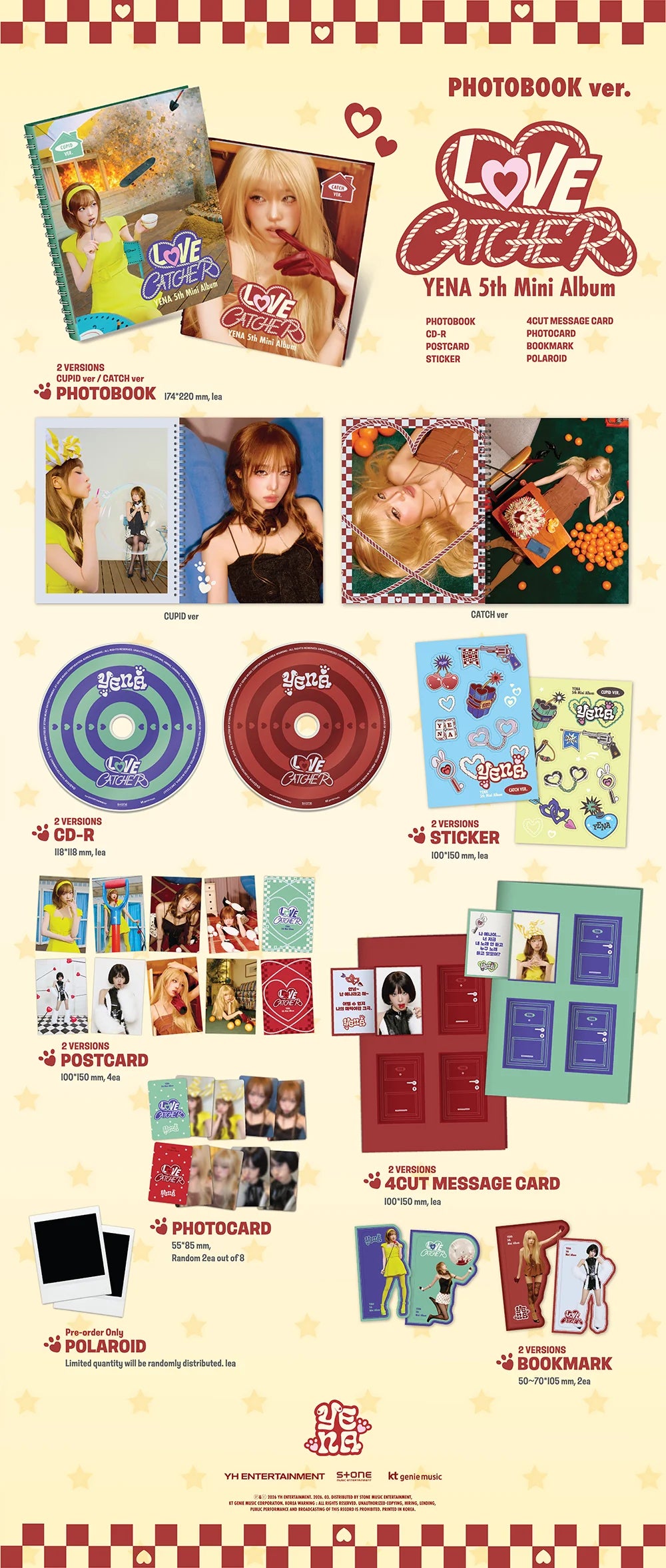 Yena 5th Mini Album 'Love Catcher' photobook version with various items on a checkered background