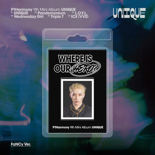 Album packaging for P1Harmony 9th Mini Album UNIQUE Keeho keychain with a colorful background