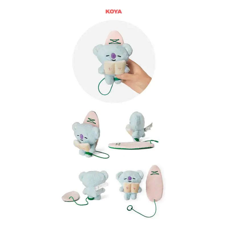 BTS BT21 Koya plush toys with surfboards on a white background