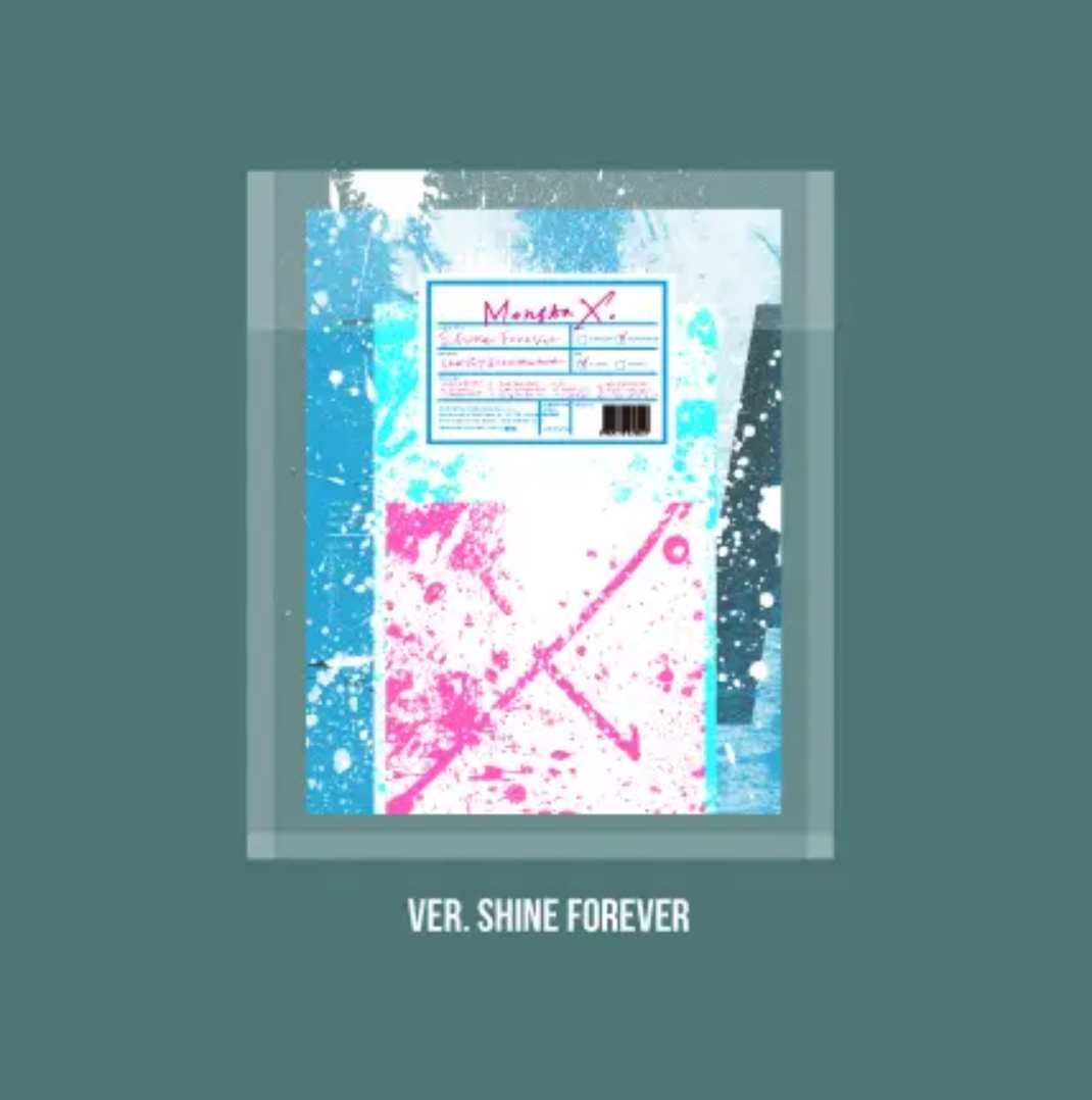 The image shows the cover package for MONSTA X's album 'Shine Forever (1st Repackage)'. It features a artistic design with splashes of paint in blue, pink, and black colors.