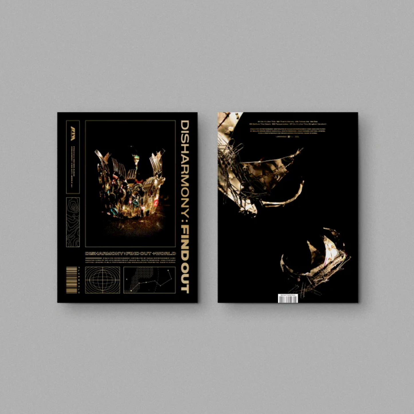 Three CD albums covers for P1Harmony's 3rd Mini Album titled 'Disharmony: FIND OUT'. The covers feature artistic depictions of robotic and mechanical themes in black, silver, and gold color tones.