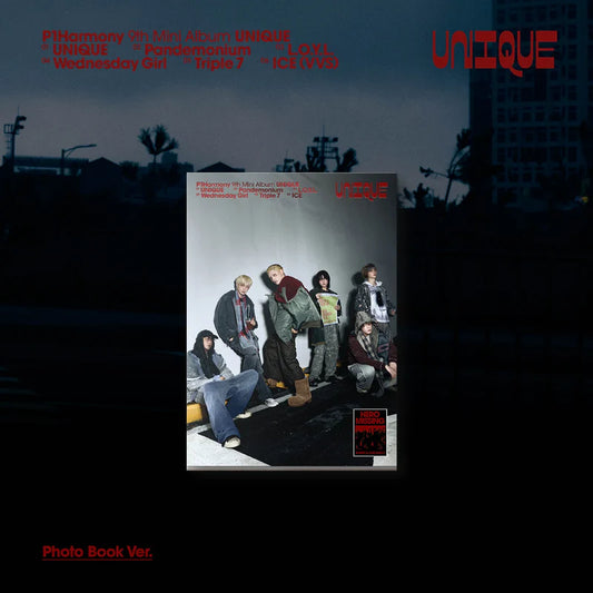 K-pop boy group P1Harmony 9th mini Album Unique cover with a group of people against a dark cityscape background