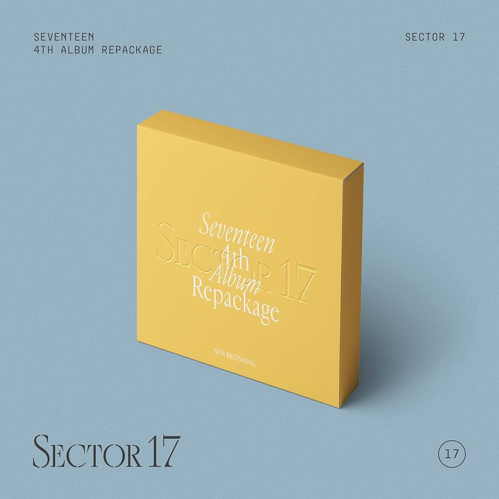 Two boxed albums for SEVENTEEN's 4th Album Repackage titled 'Sector 17'. One box is yellow and the other is blue, placed against a light blue background.