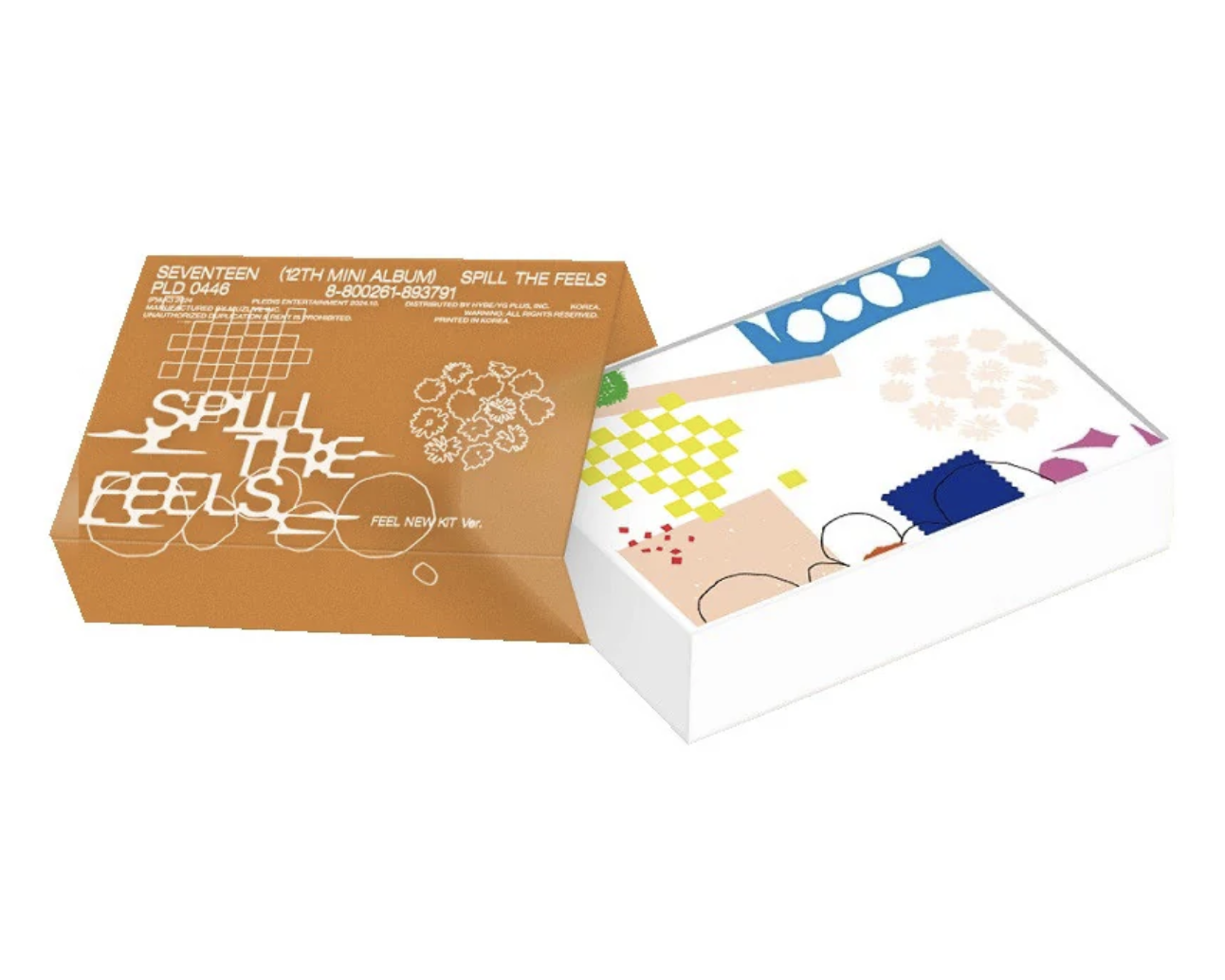 The image shows the album package for SEVENTEEN's 12th Mini Album, titled 'Spill The Feels'. It includes two versions, KiT Ball Chain and KiT Post Card, with visual themes reflecting the album's vibrant and colorful aesthetic.