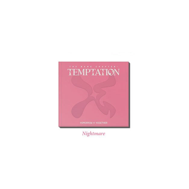 Product image for a music release by TOMORROW X TOGETHER (TXT) titled 'The Name Chapter: TEMPTATION', showing a green and red album cover, a photobook, lyric book, and a sticker pack.