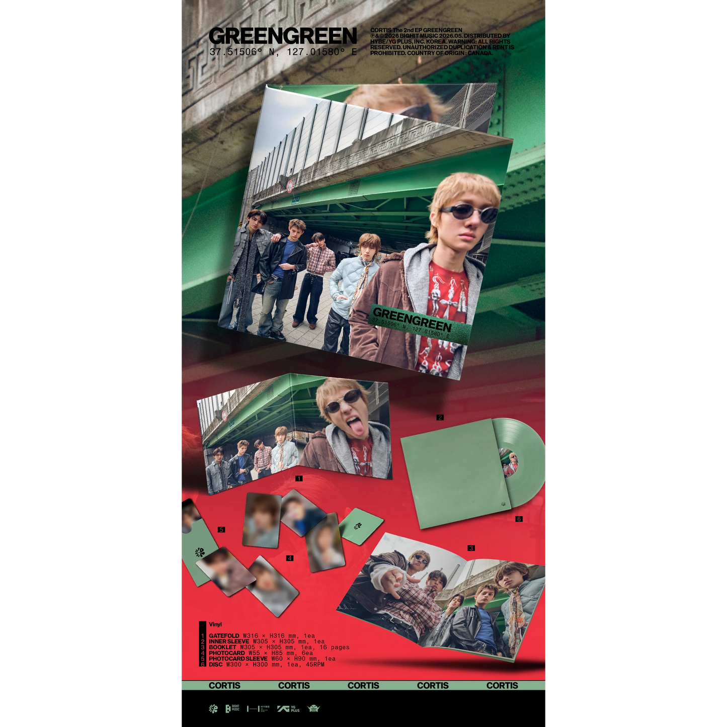 Promotional poster for a music album with images of a group of people and album cover for Cortis Green Green vinyl lp album