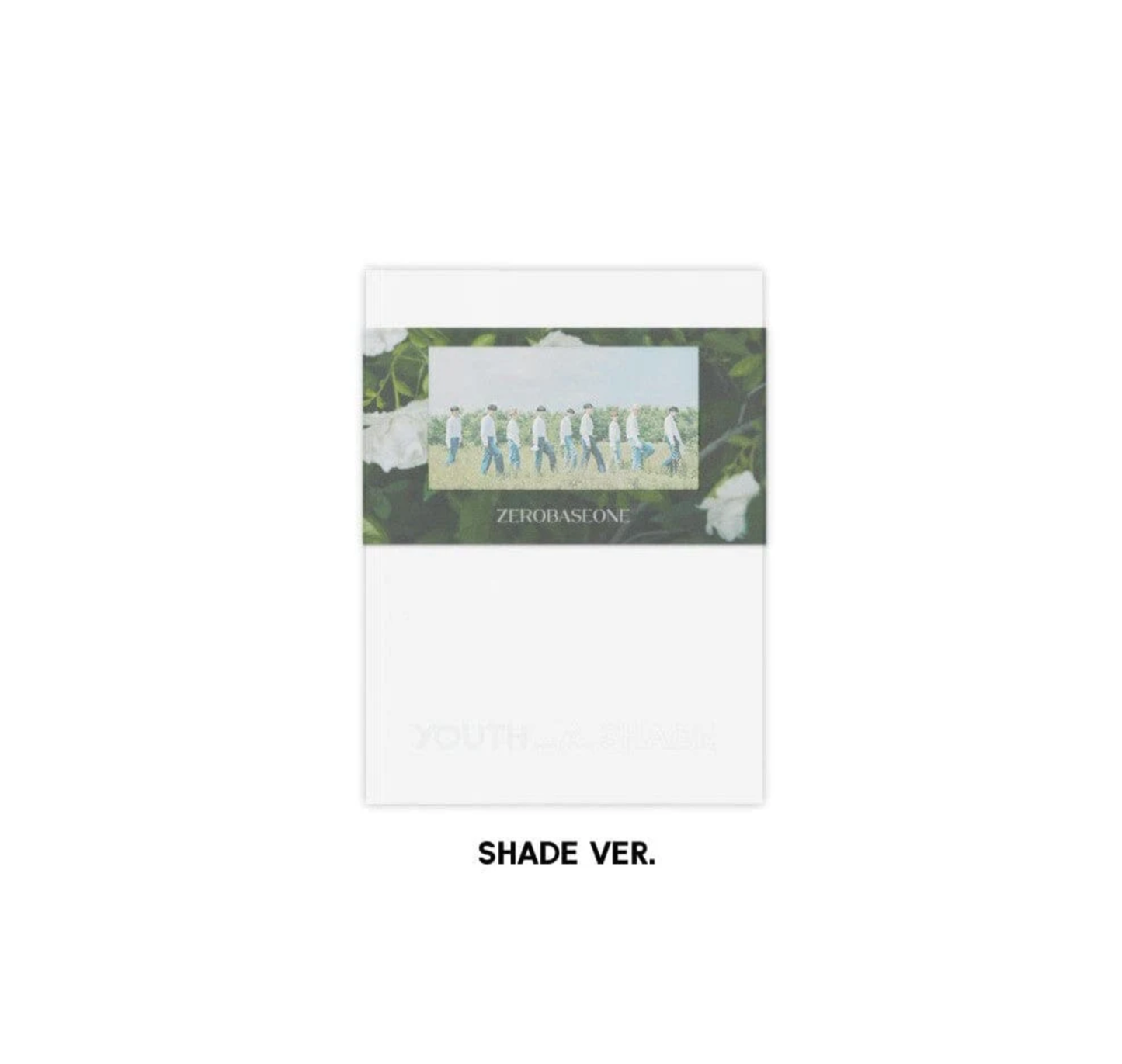 The image shows two books titled 'YOUTH in the SHADE' and 'ZEROBASEONE THE FIRST MINI ALBUM', with a collection of photocard, sticker pack, and other merchandise laid out around them.