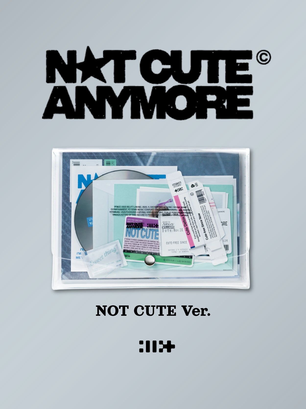 Illit album Product packaging with 'Not Cute Anymore' text on a gray background for NOT CUTE ver.