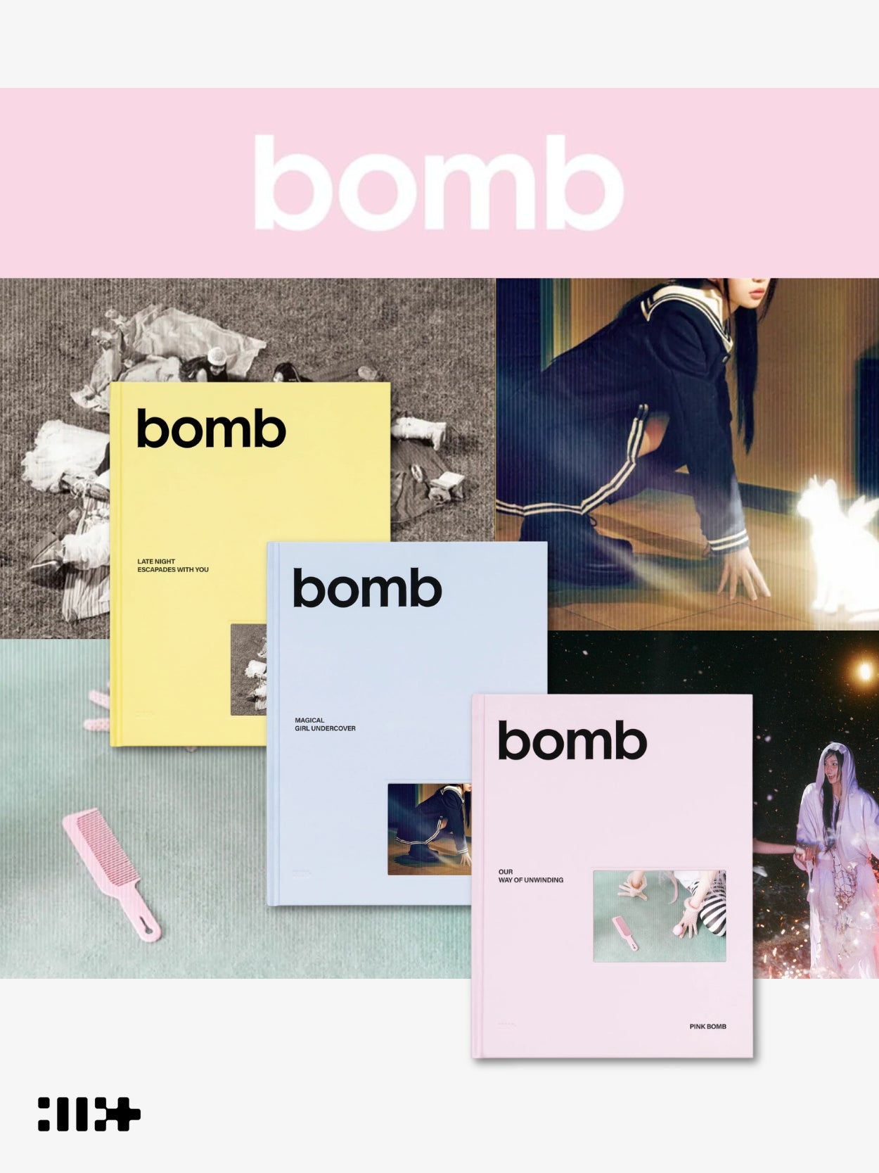 Collage of 'bomb' album covers for k-pop girl group Illit with various poses, imagery, and a pink border.
