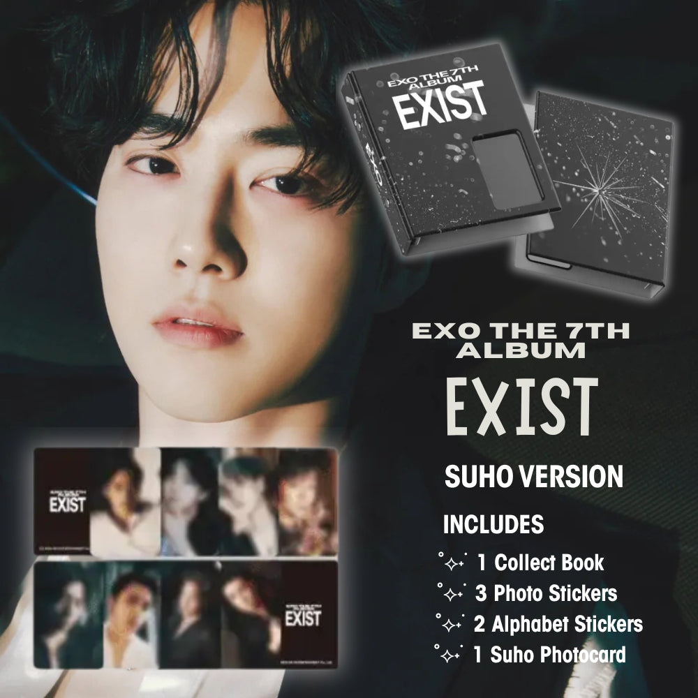 EXO The 7th Album 'EXIST' packaging with Suho photocard and collect book on a dark background