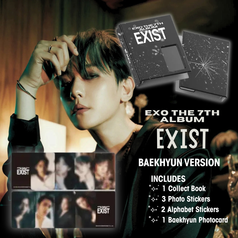 EXO The 7th Album 'EXIST' packaging with Baekhyun's face and album details.