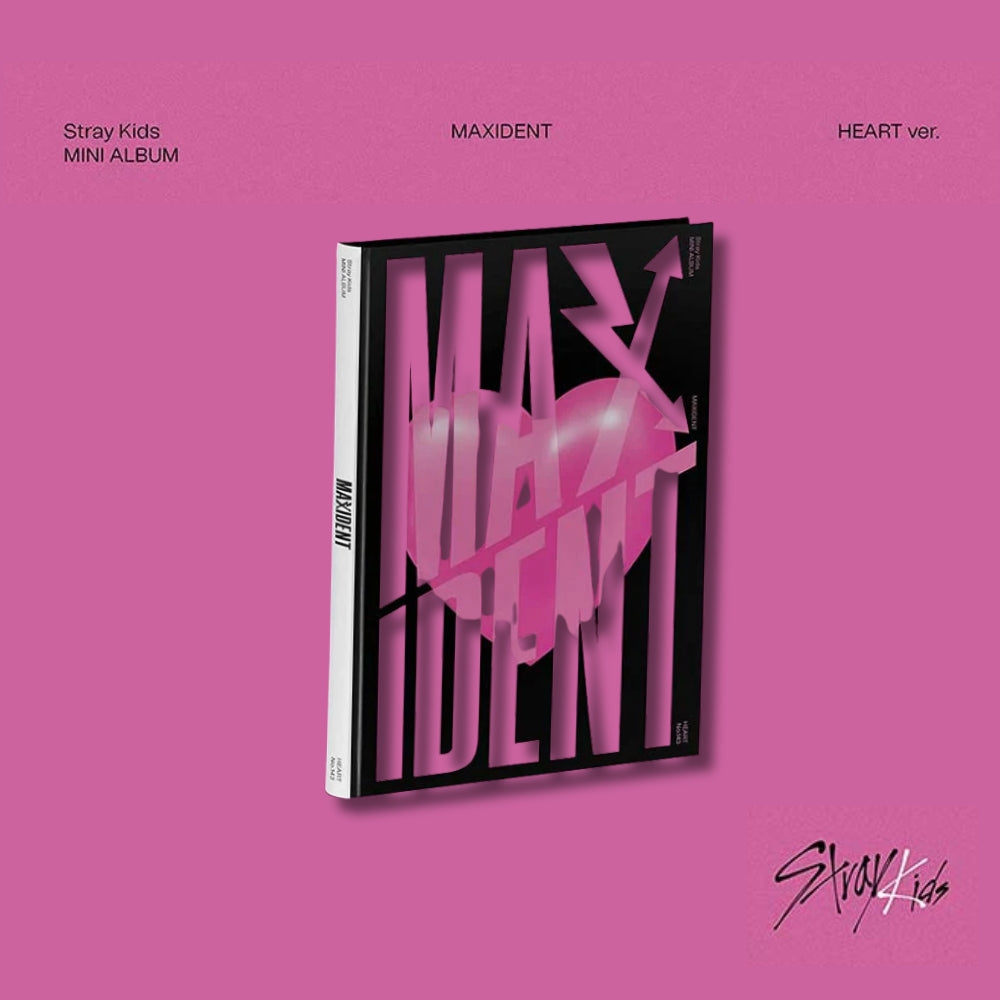 Stray Kids album cover with 'MAXIDENT' on a pink background