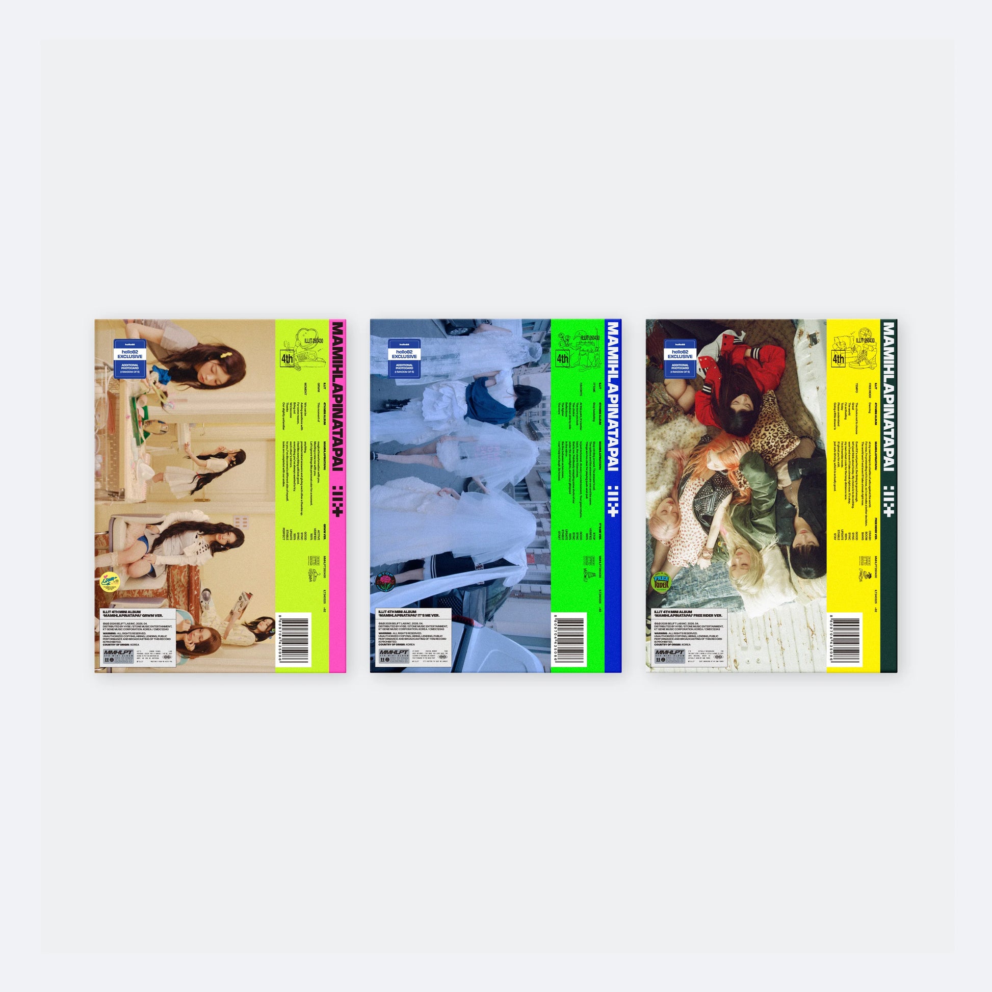 Three album covers with colorful designs and text on a white background for Illit's Mamihlapinatapai