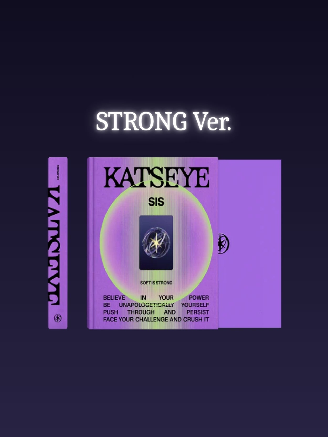 Purple album cover with KATSEYE and STRONG Ver. text and a logo on a black background