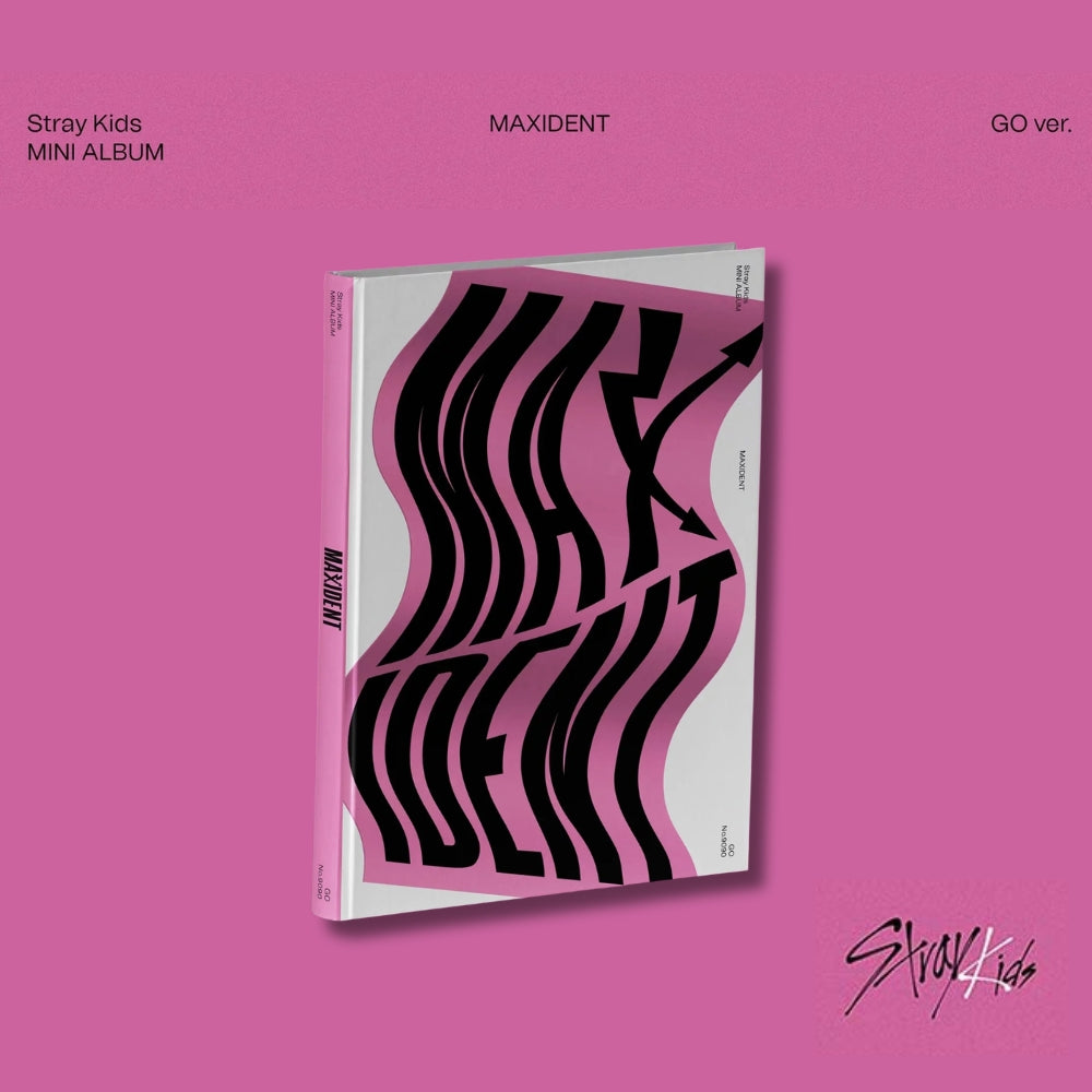MAXIDENT Album cover with black wavy design on a pink background, featuring Stray Kids branding.