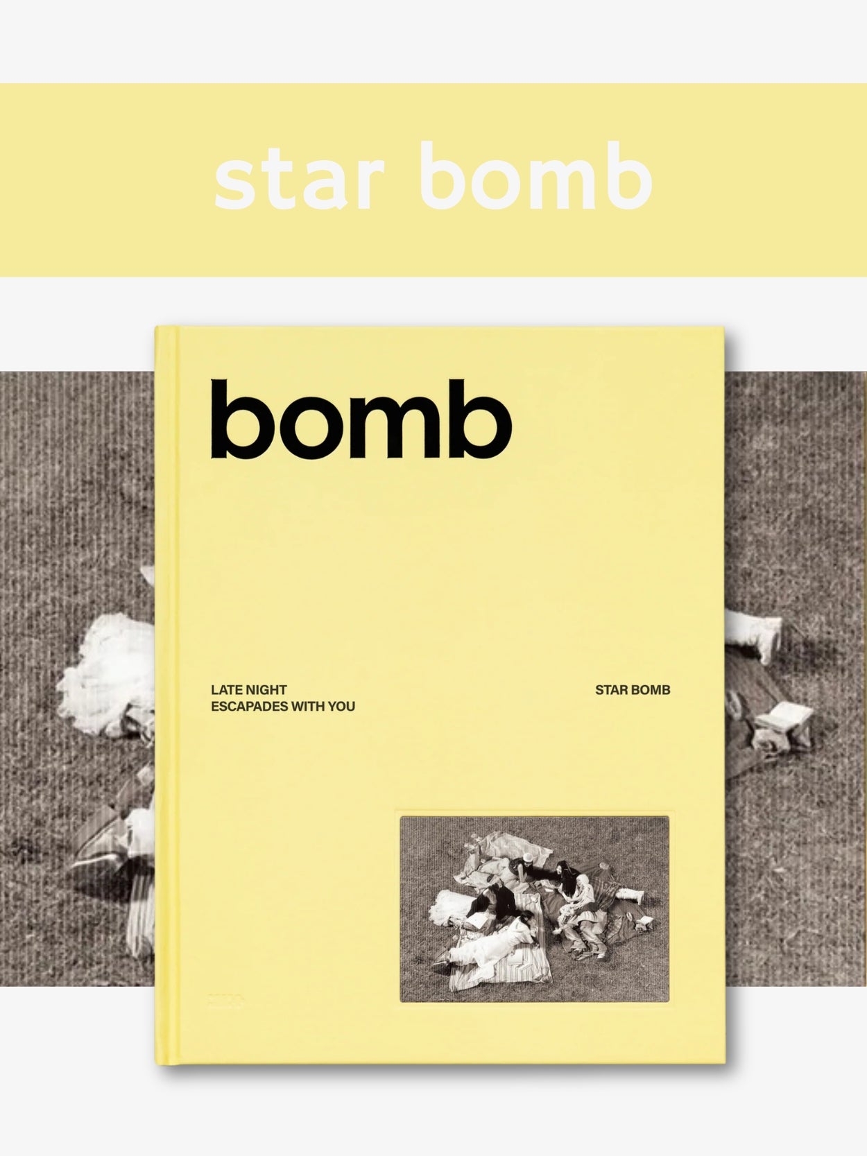 Yellow Illit album titled 'bomb' with a cover image of people on a brown background