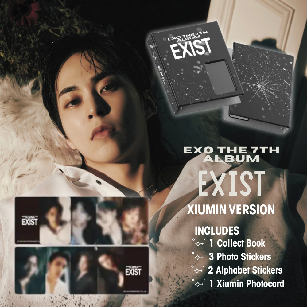 Promotional image of EXO THE 7TH ALBUM 'EXIST' with Xiumin, including album packaging and promotional materials.