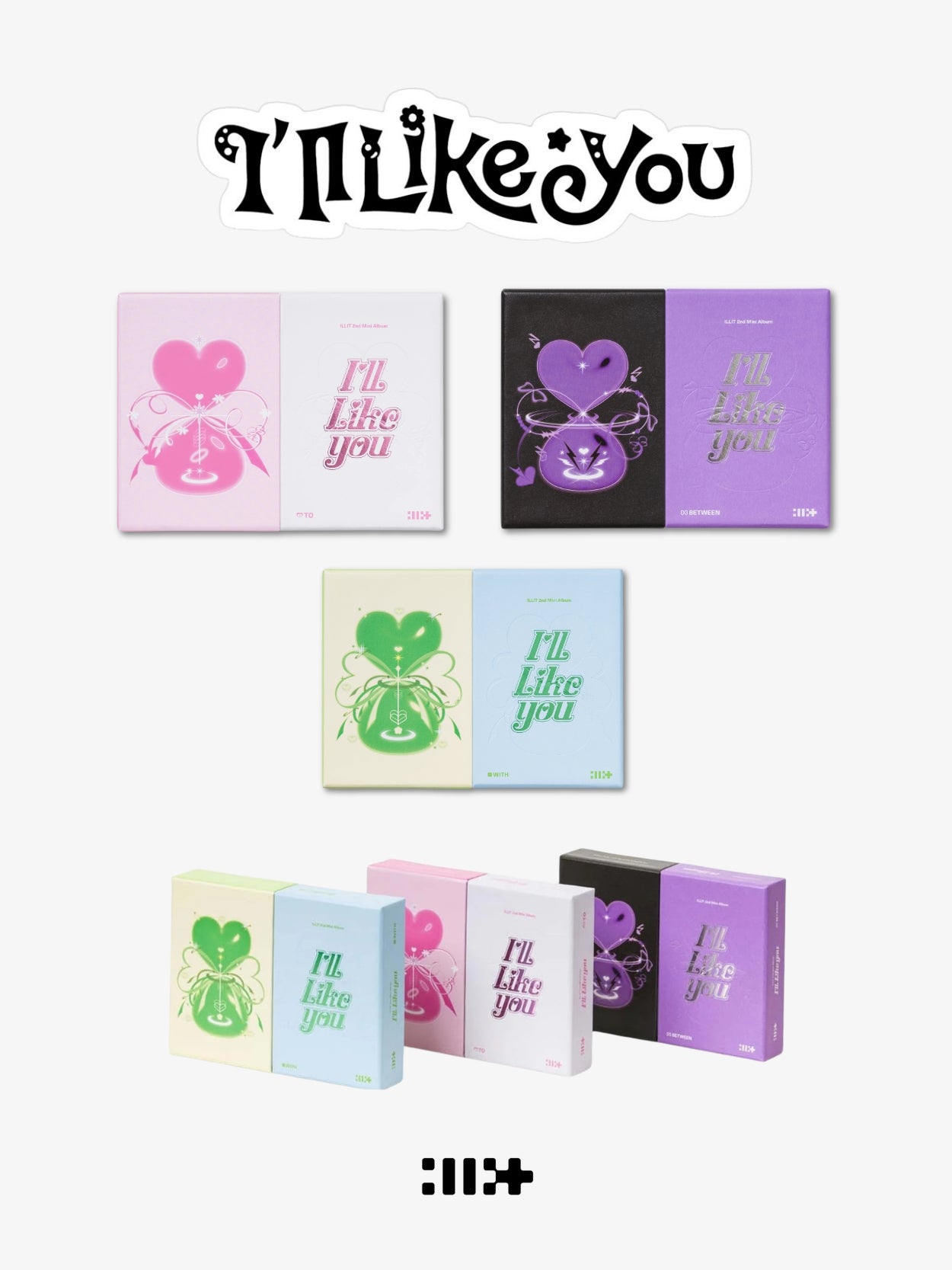 Colorful album set with 'I'll Like You' text and heart and hourglass designs on a white background for k-pop girl group Illit