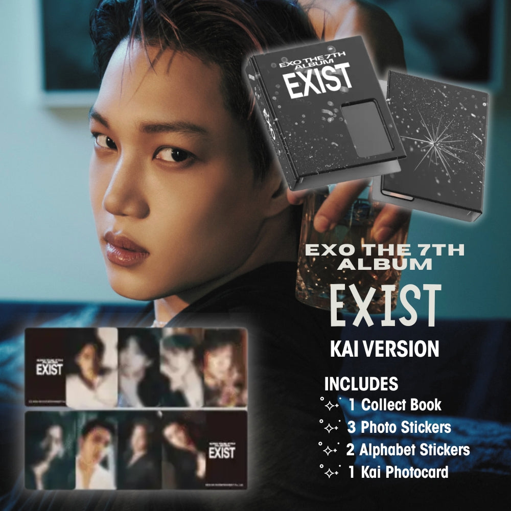 EXO album 'EXIST' with KAI version packaging and promotional images.