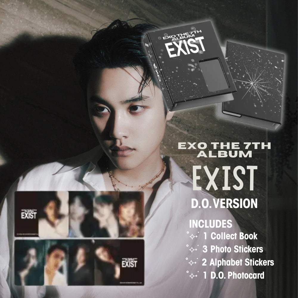 Promotional image for EXO's 7th album 'EXIST' featuring D.O. with album packaging and collectible items.