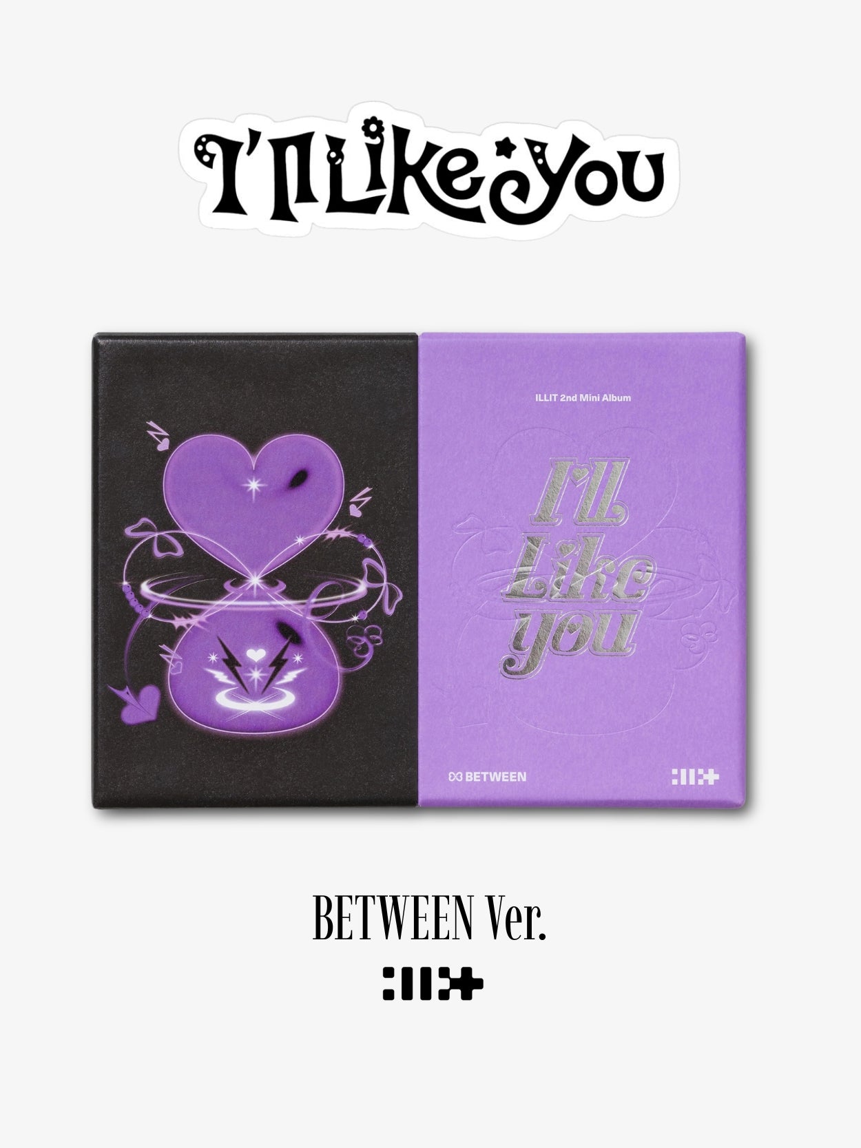 K-pop girl group Illit "I'll Like You" album Product packaging with purple heart and hourglass design and text on a white background