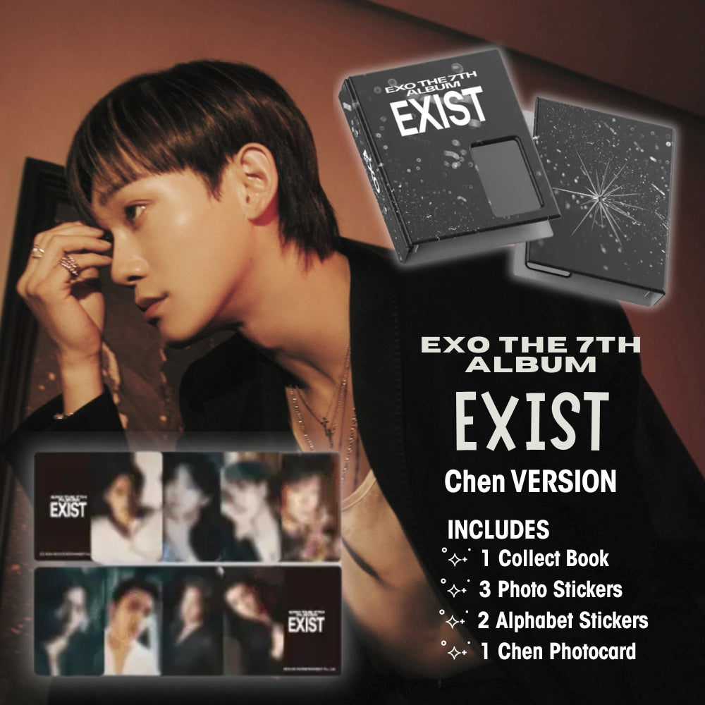 Promotional image of EXO The 7th Album 'EXIST' with member Chen and album packaging and album cover.