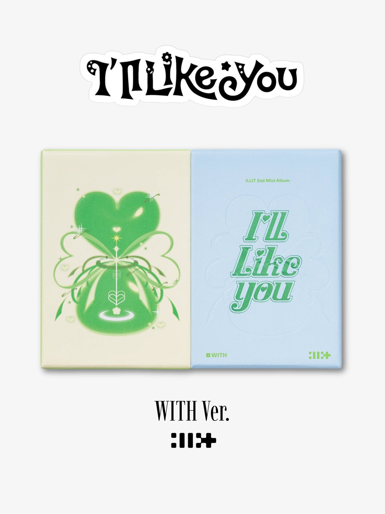 K-pop girl group Illit "I'll Like You" album Product packaging with green heart and hourglass design and text on a white background