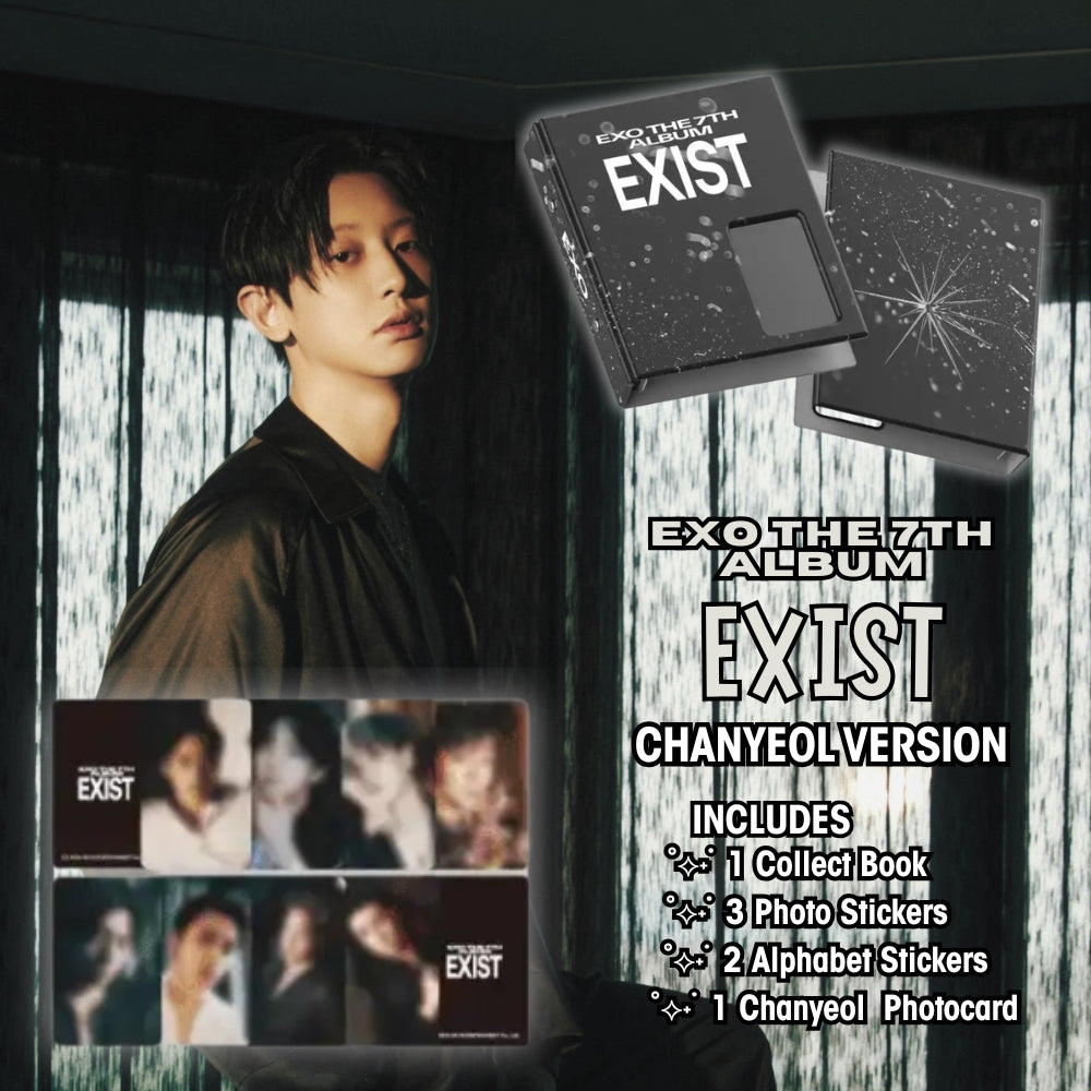 EXO album 'EXIST' with promotional material featuring Chanyeol  in a dark outfit.