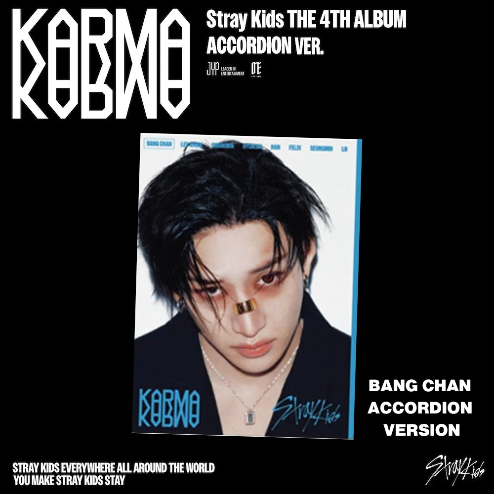 Album cover for Stray Kids 4th album 'Karma' with Bang Chan's face on a black background.