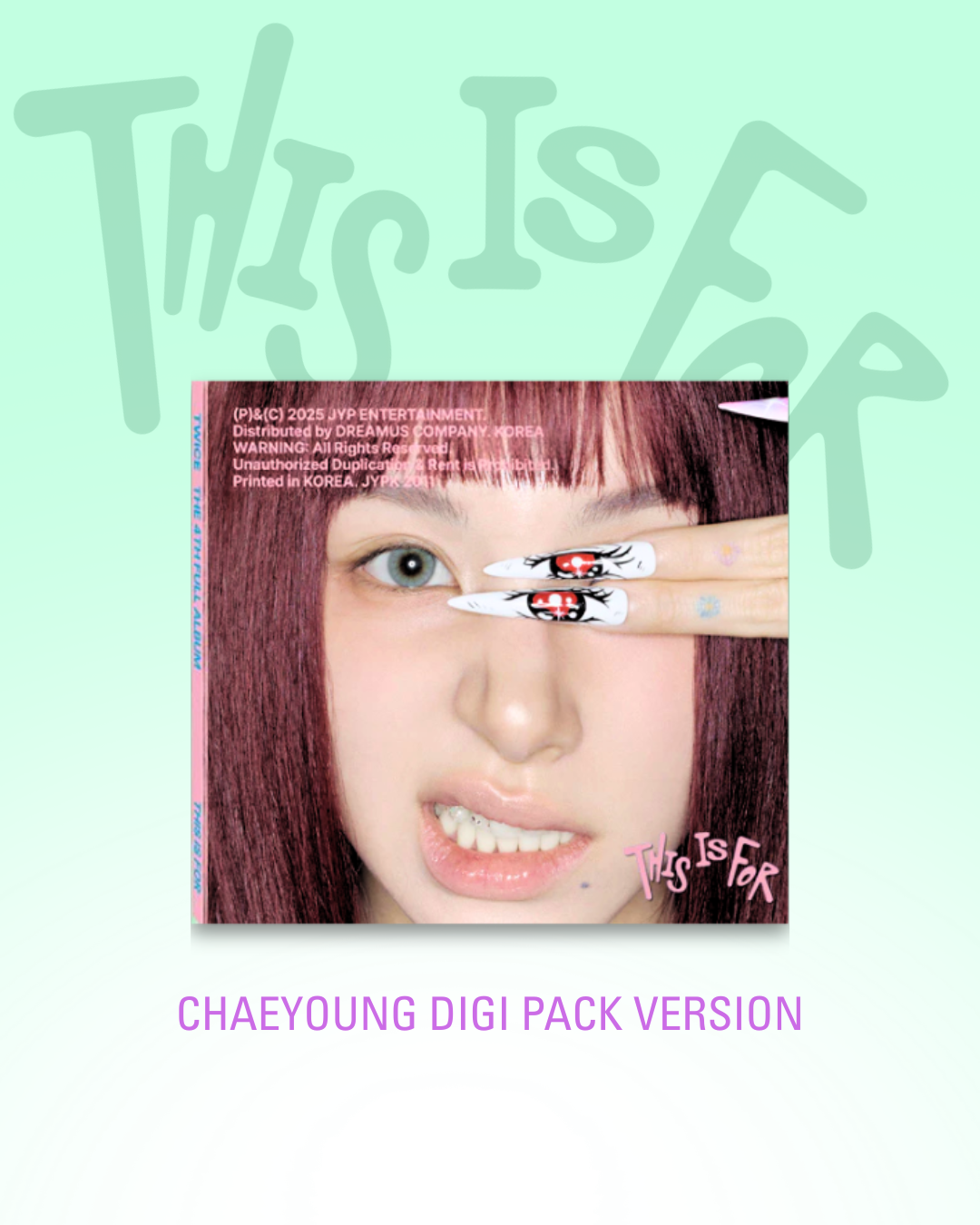 Promotional album image for TWICE This Is For featuring member Chaeyoung on a light green background