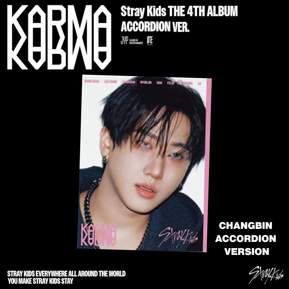 Album cover for Stray Kids 4th album 'Karma' with Changbin's face on a black background.