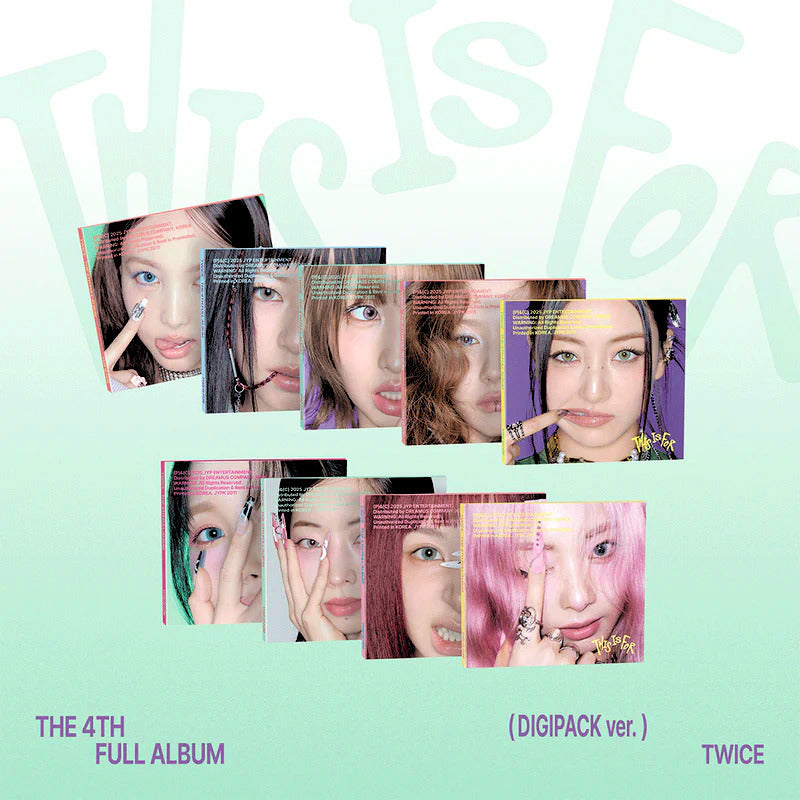 Collage of TWICE members on a light green background with 'This Is For' branding.