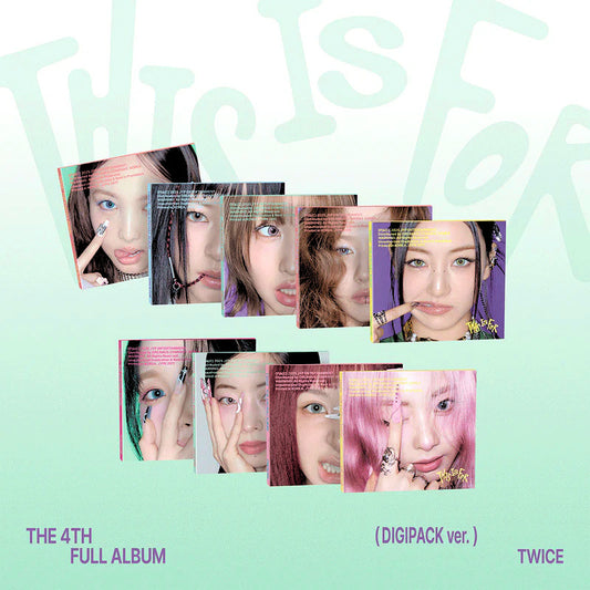 Collage of TWICE members on a light green background with 'This Is For' branding.