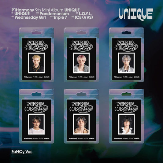 Packaging of P1Harmony's 9th mini album 'UNIQUE' keychain with product images and branding.