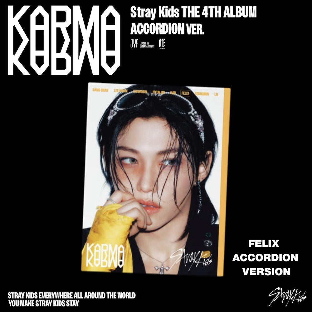 Album cover for Stray Kids 4th album 'Karma' with Felix's face on a black background.