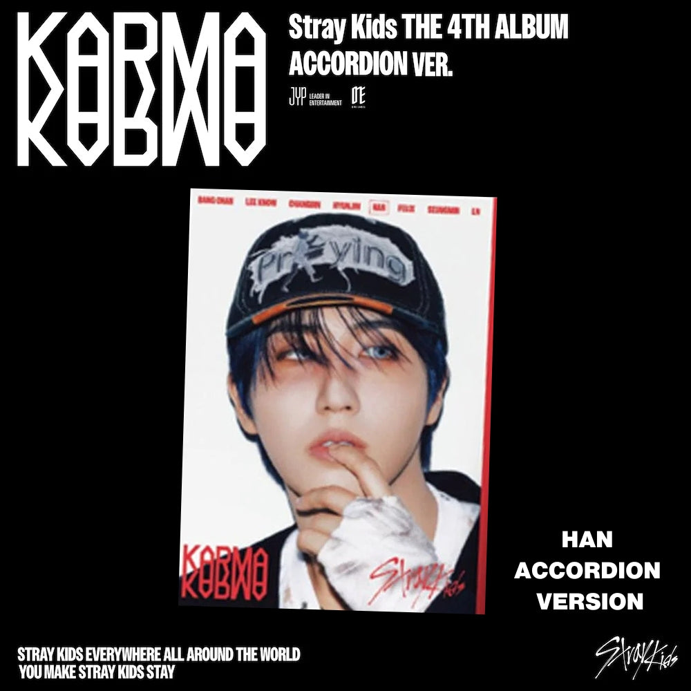 Album cover for Stray Kids 4th album 'Karma' with Han's face on a black background.