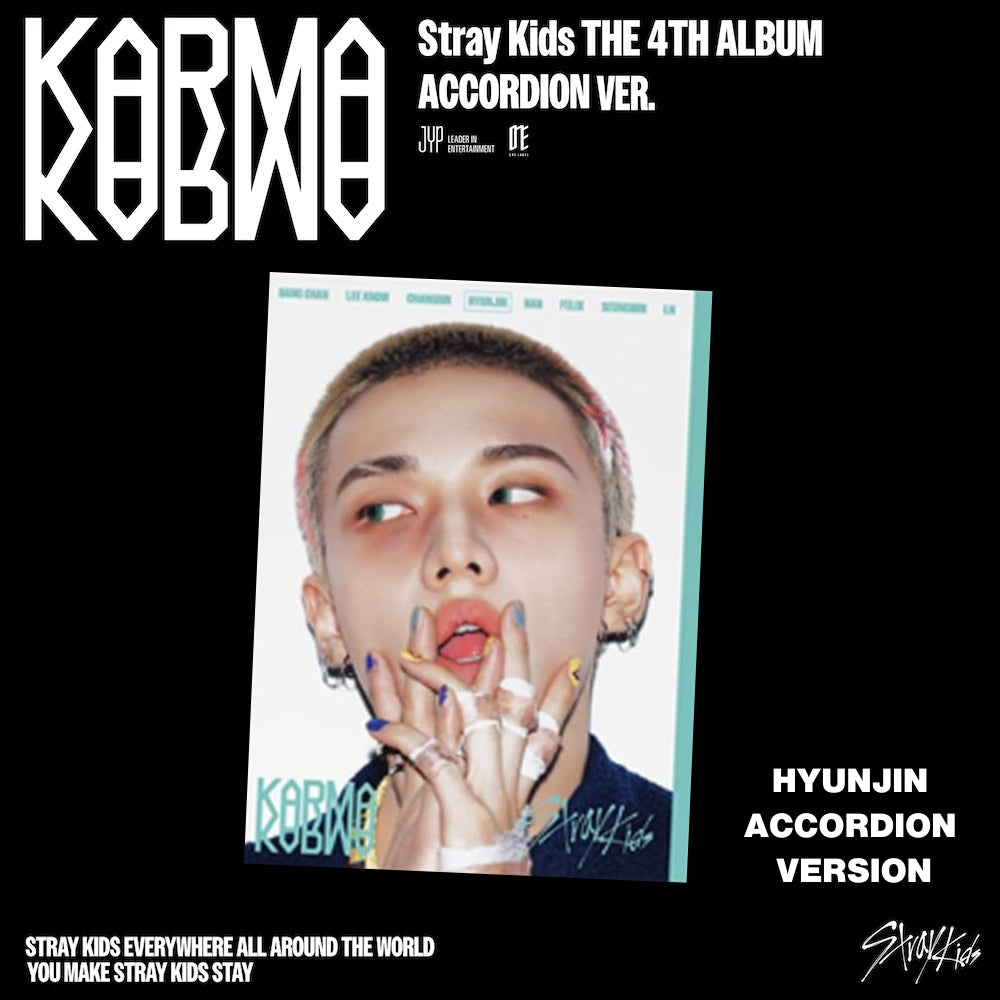 Album cover for Stray Kids 4th album 'Karma' with Hyunjin's face on a black background.