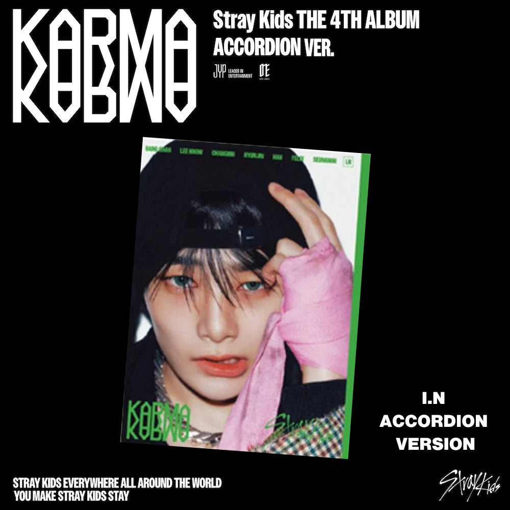 Album cover for Stray Kids 4th album 'Karma' with I.N's face on a black background.