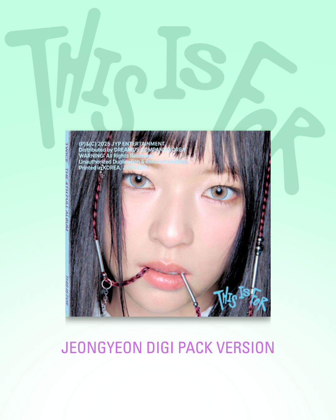 Promotional album image for TWICE This Is For featuring member Jeongyeon on a light green background
