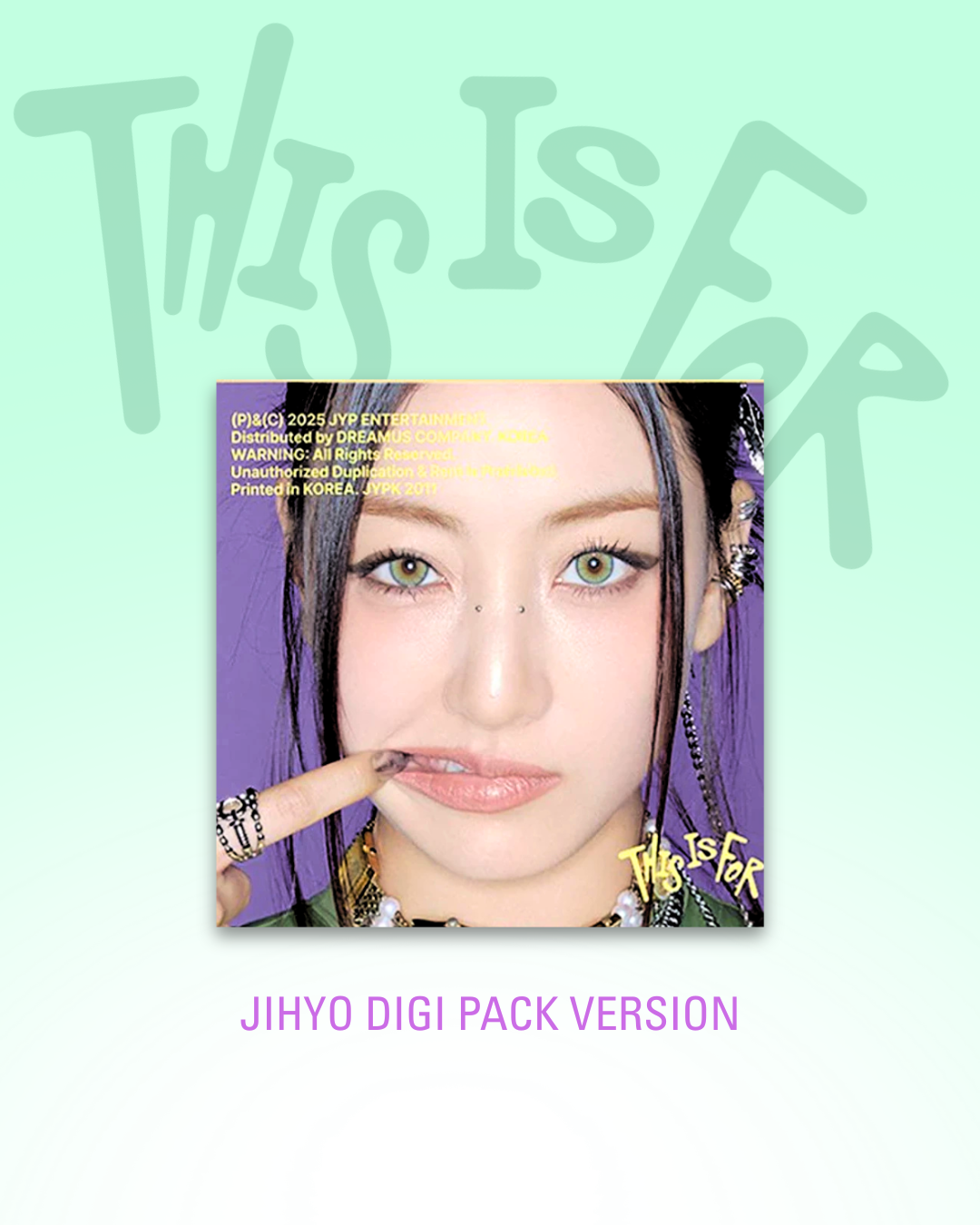 Promotional album image for TWICE This Is For featuring member Jihyo on a light green background