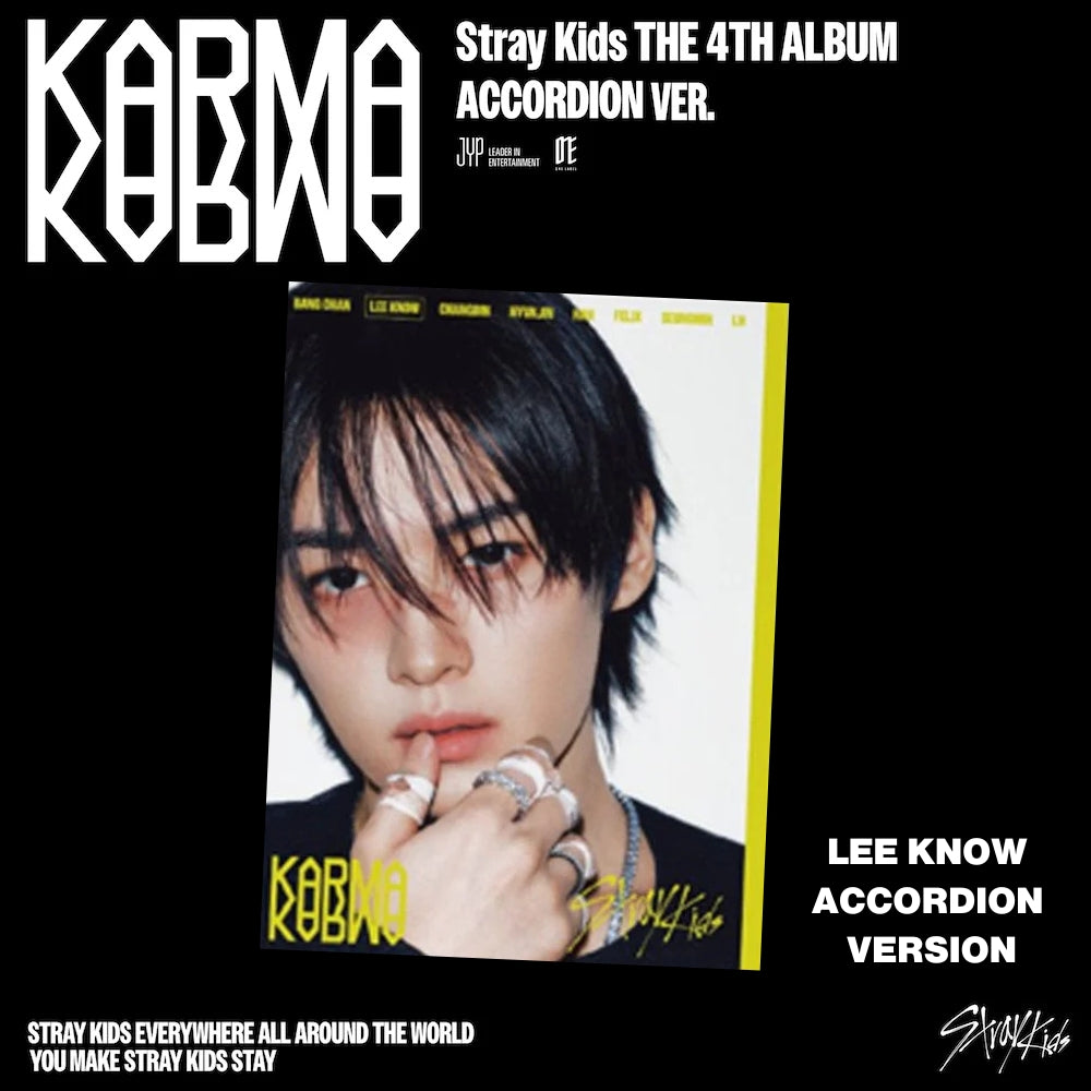 Album cover for Stray Kids 4th album 'Karma' with Lee Know's face on a black background.