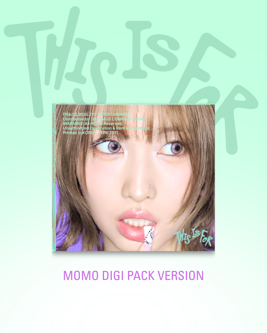 Promotional album image for TWICE This Is For featuring member Momo on a light green background