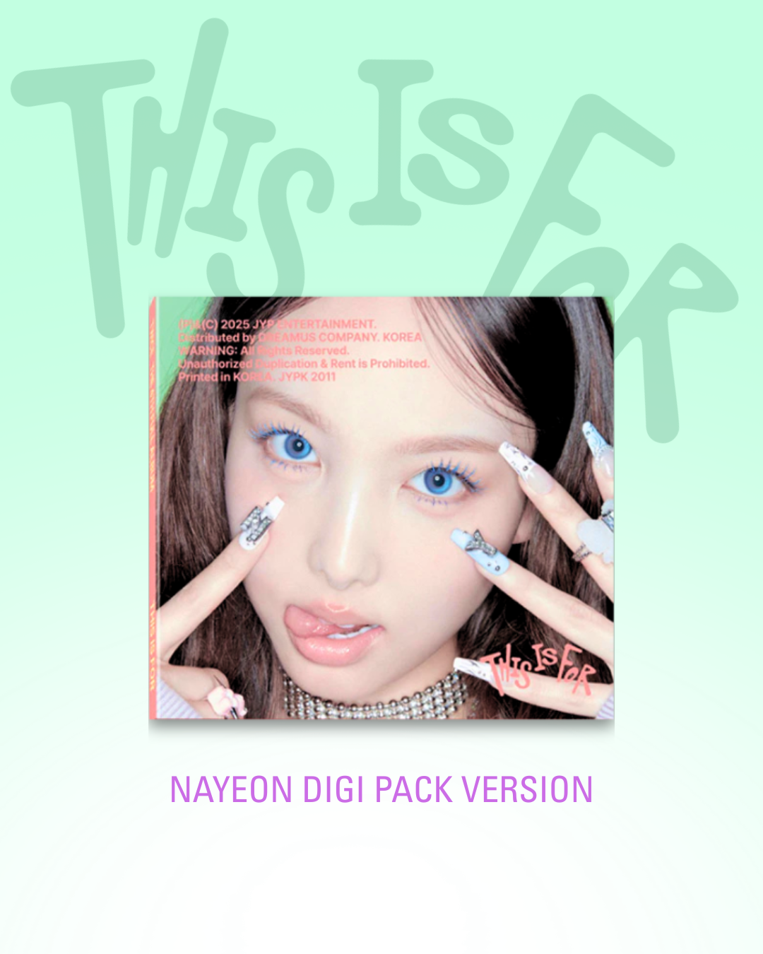 Promotional album image for TWICE This Is For featuring member Nayeon on a light green background