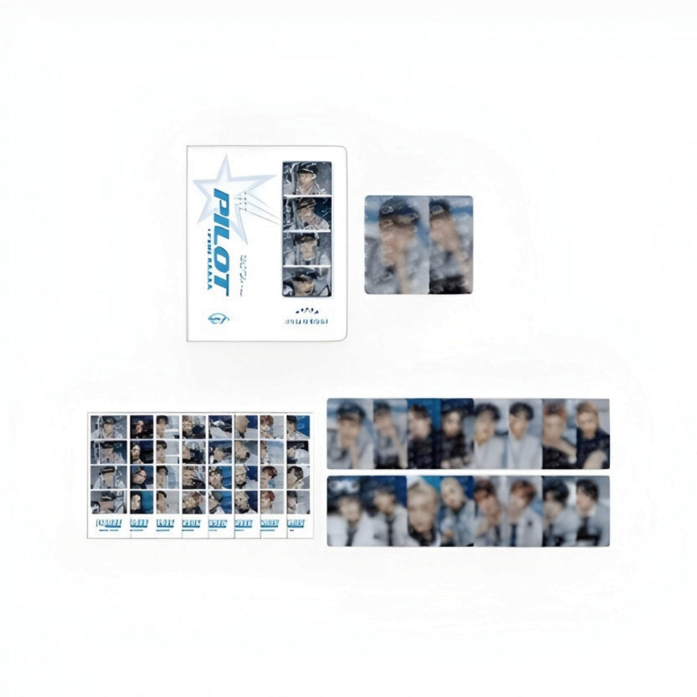 Collection of photo cards featuring k-pop boy group Stray Kids with 'PILOT' branding on a white background.