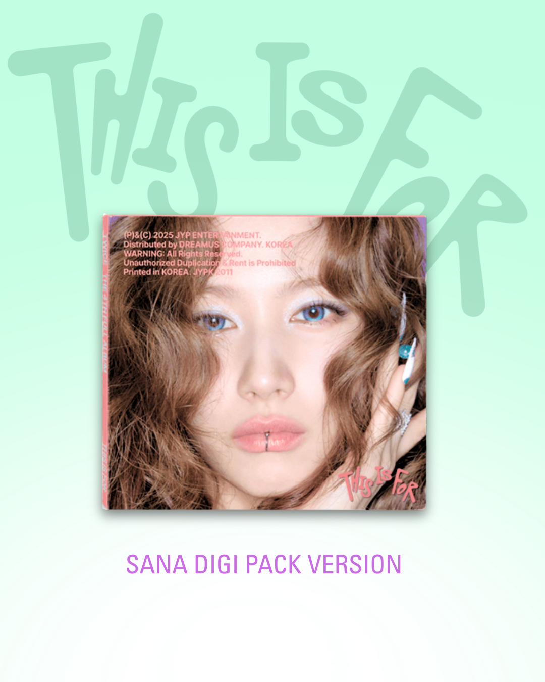 Promotional album image for TWICE This Is For featuring member Sana on a light green background