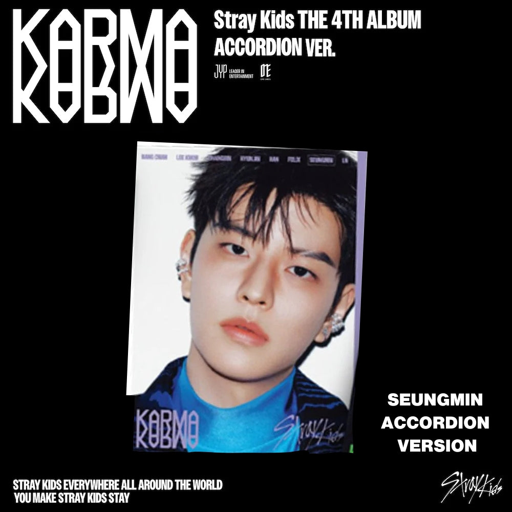 Album cover for Stray Kids 4th album 'Karma' with Seungmin's face on a black background.