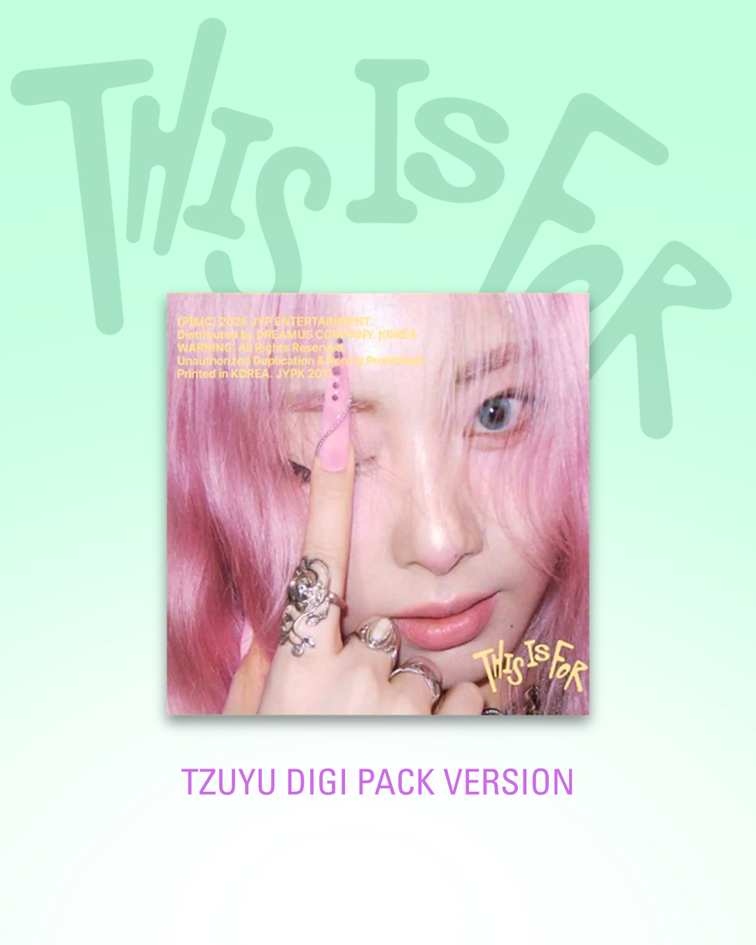 Promotional album image for TWICE This Is For featuring member Tzuyu on a light green background